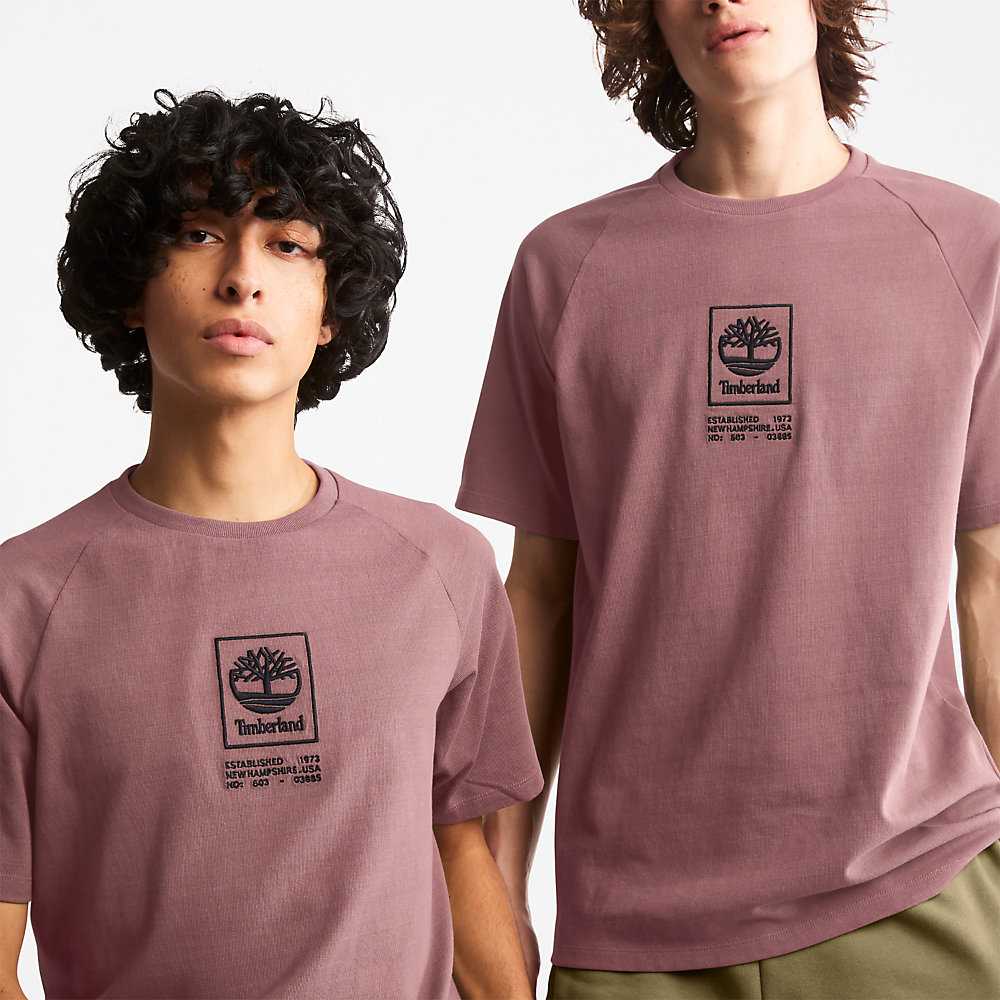 Pink Men's Timberland Stack Logo T Shirts | Israel-4718025