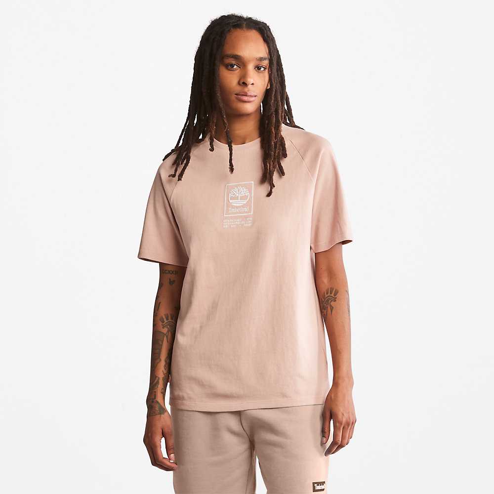 Pink Men's Timberland Stack Logo T Shirts | Israel-8439275