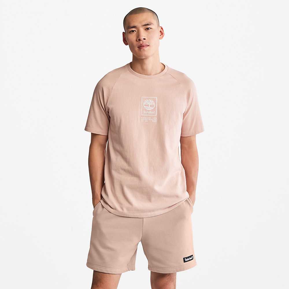 Pink Men's Timberland Stack Logo T Shirts | Israel-8439275