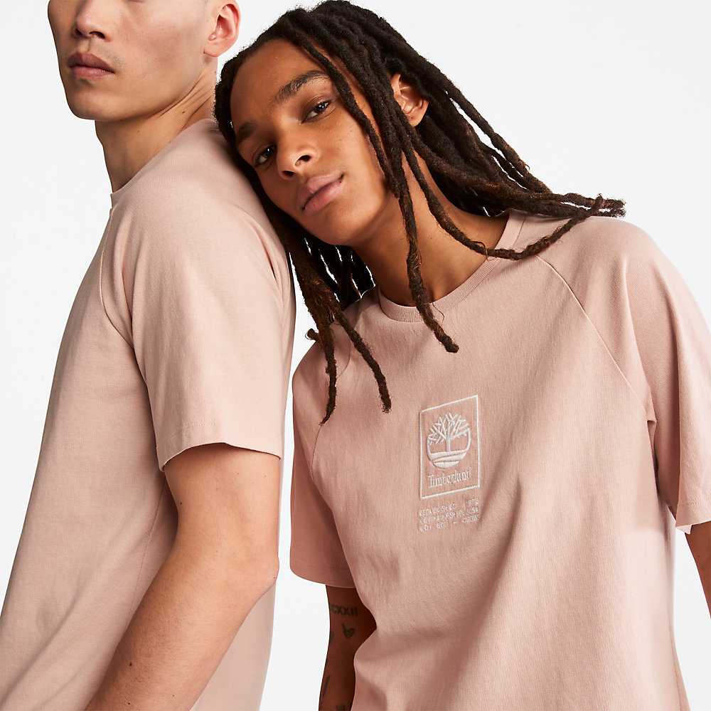 Pink Men's Timberland Stack Logo T Shirts | Israel-8439275