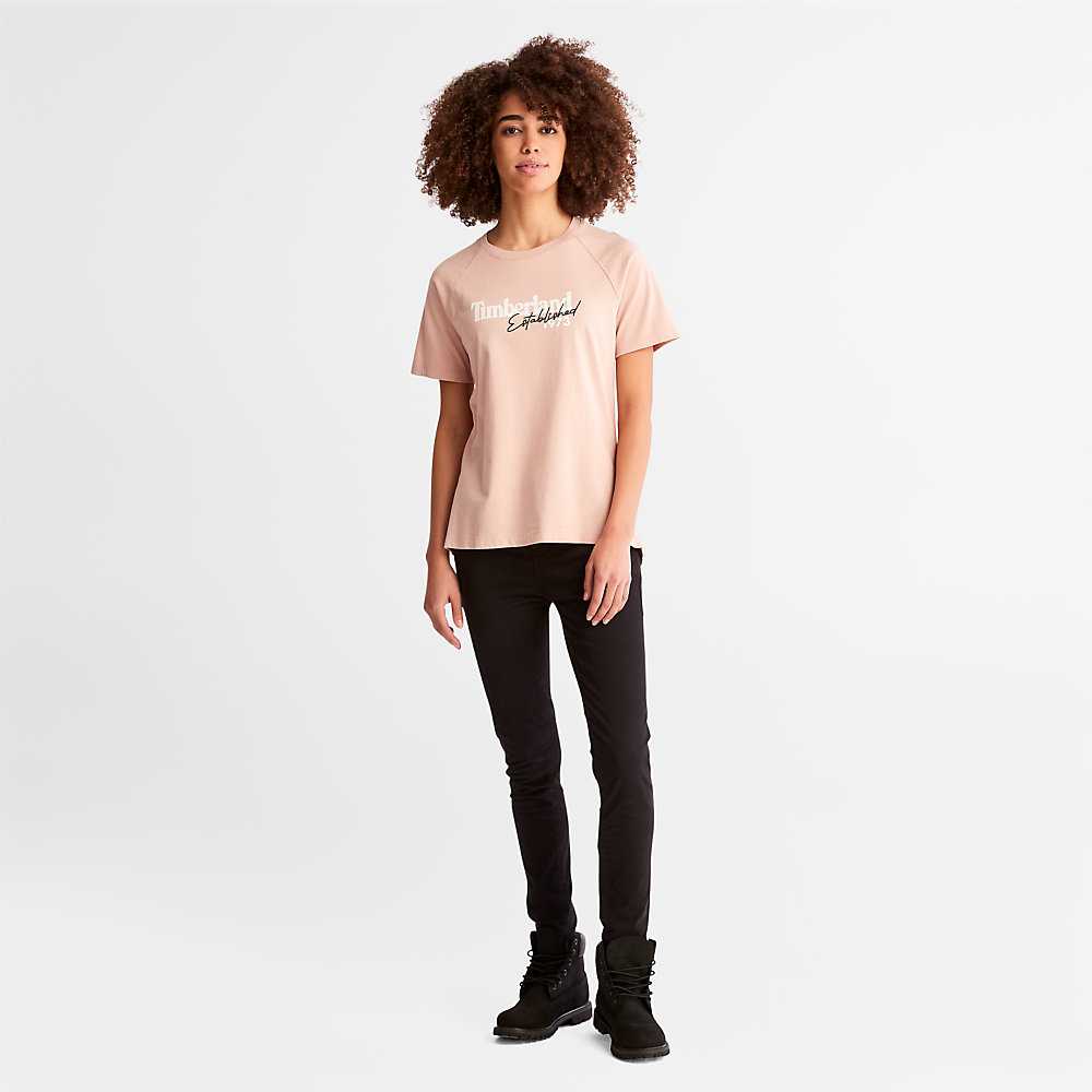 Pink Women's Timberland Raglan-sleeve Logo T Shirts | Israel-7192380