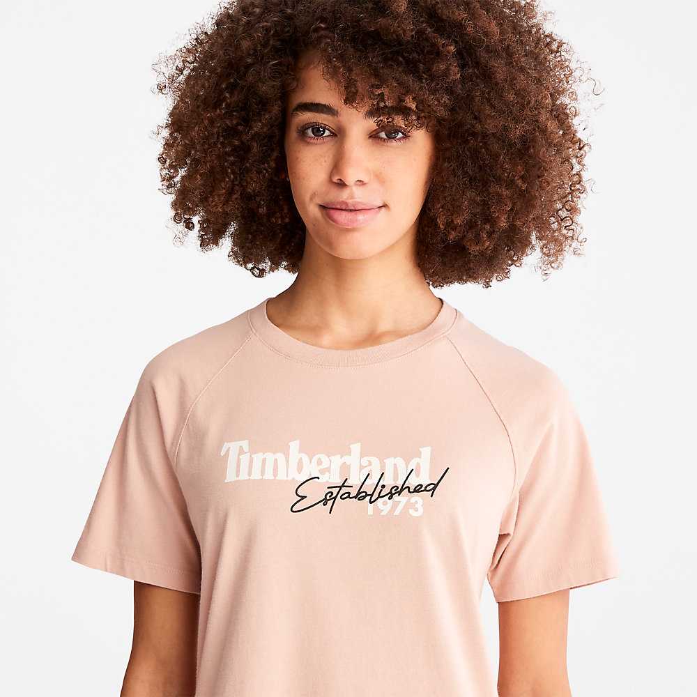 Pink Women's Timberland Raglan-sleeve Logo T Shirts | Israel-7192380