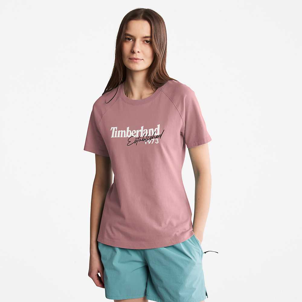 Pink Women\'s Timberland Raglan-sleeve Logo T Shirts | Israel-7594623