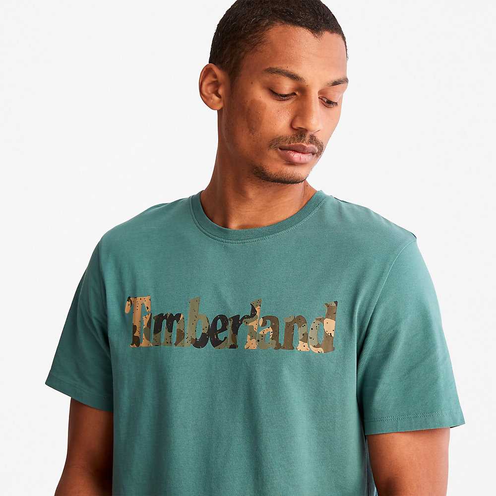 Turquoise Men's Timberland Camo-Logo T Shirts | Israel-0251643