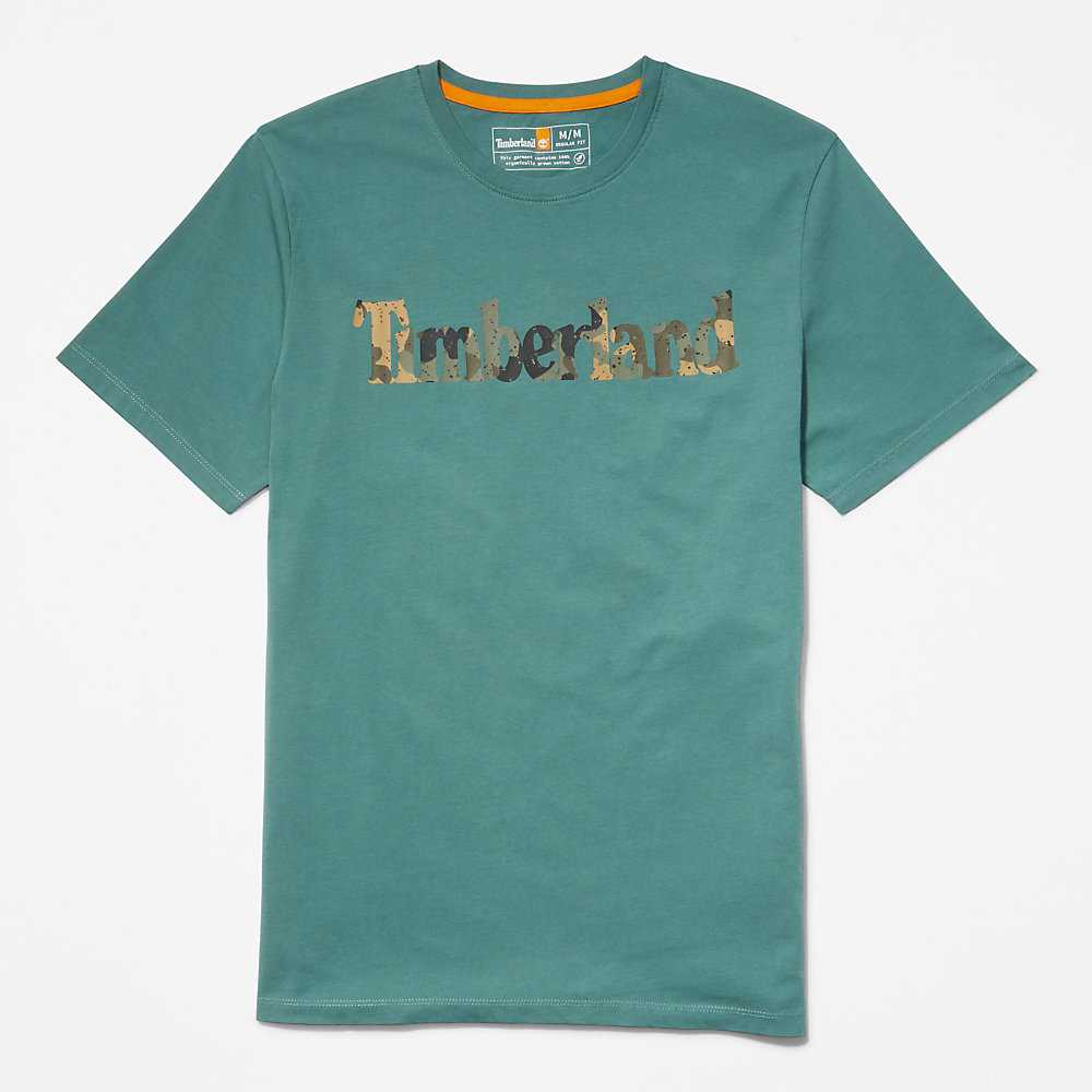 Turquoise Men's Timberland Camo-Logo T Shirts | Israel-0251643