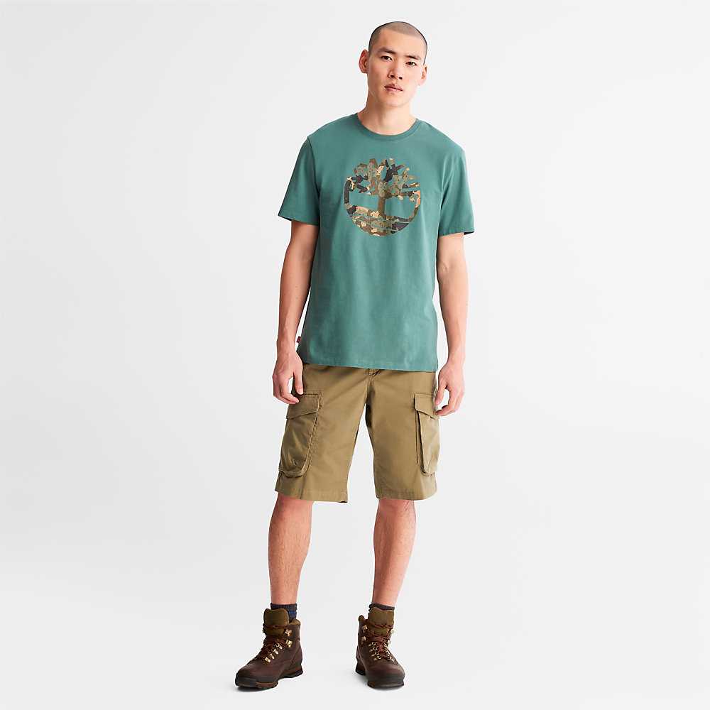 Turquoise Men's Timberland Camo-Logo T Shirts | Israel-2361504