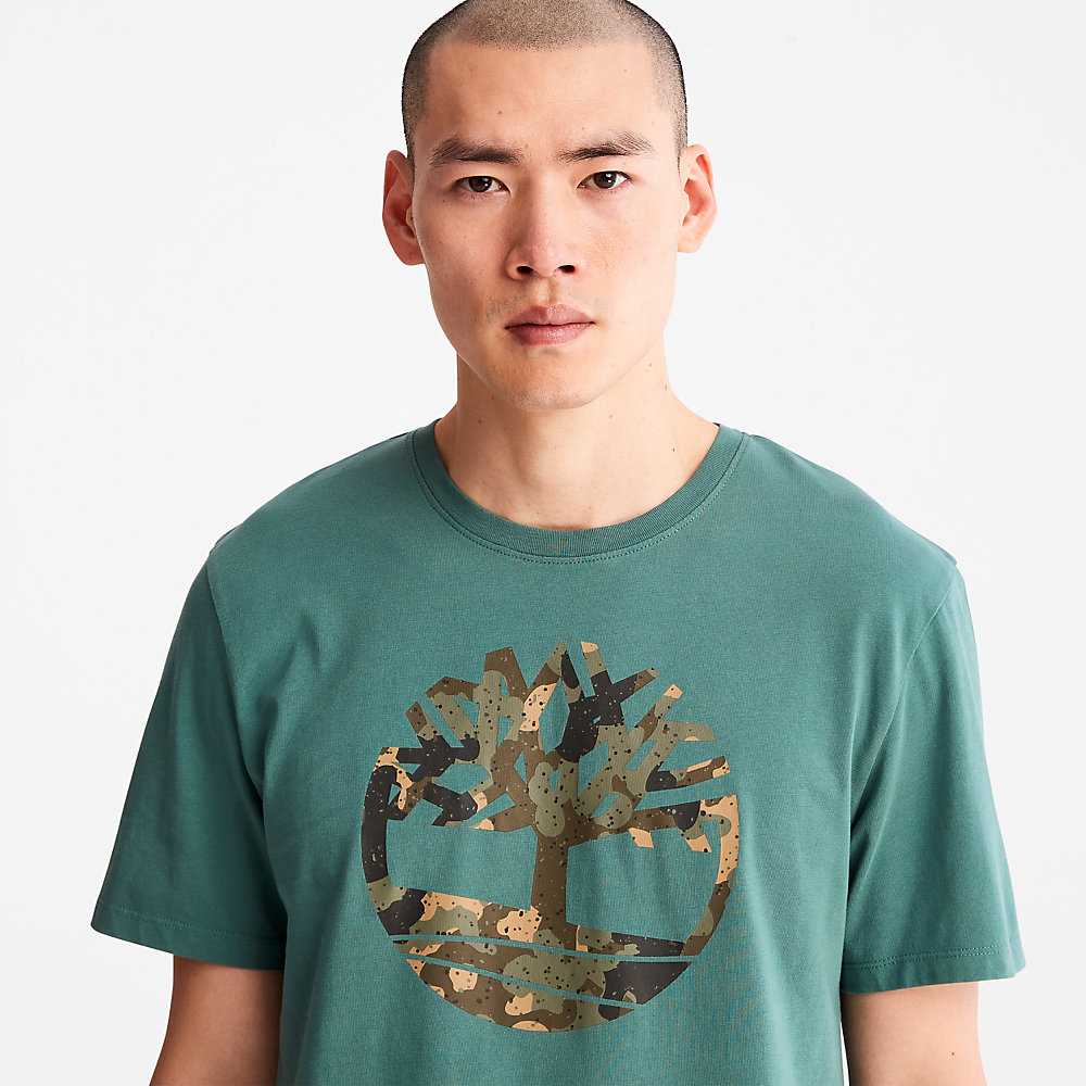 Turquoise Men's Timberland Camo-Logo T Shirts | Israel-2361504