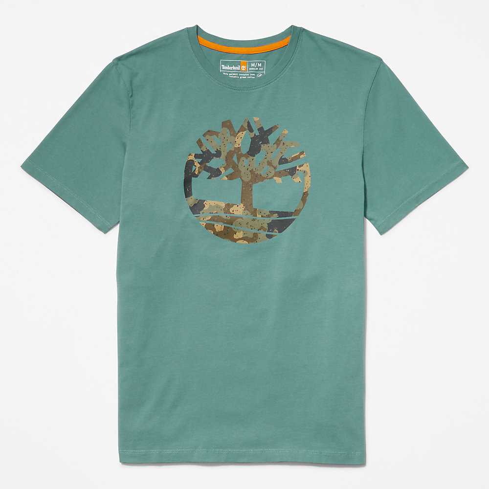 Turquoise Men's Timberland Camo-Logo T Shirts | Israel-2361504