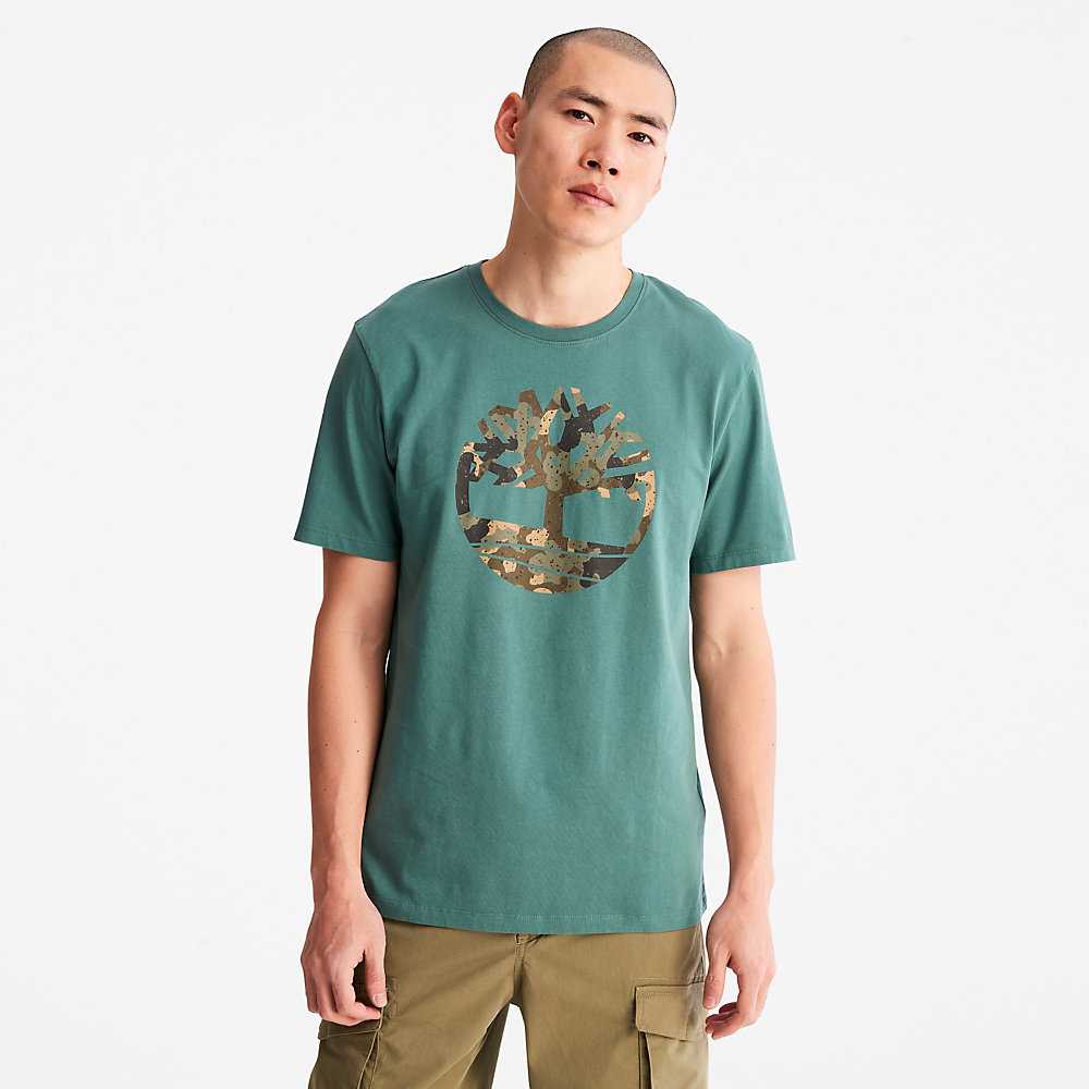 Turquoise Men\'s Timberland Camo-Logo T Shirts | Israel-2361504