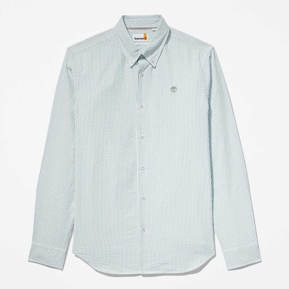 Turquoise Men's Timberland Striped Seersucker Shirts | Israel-4950712