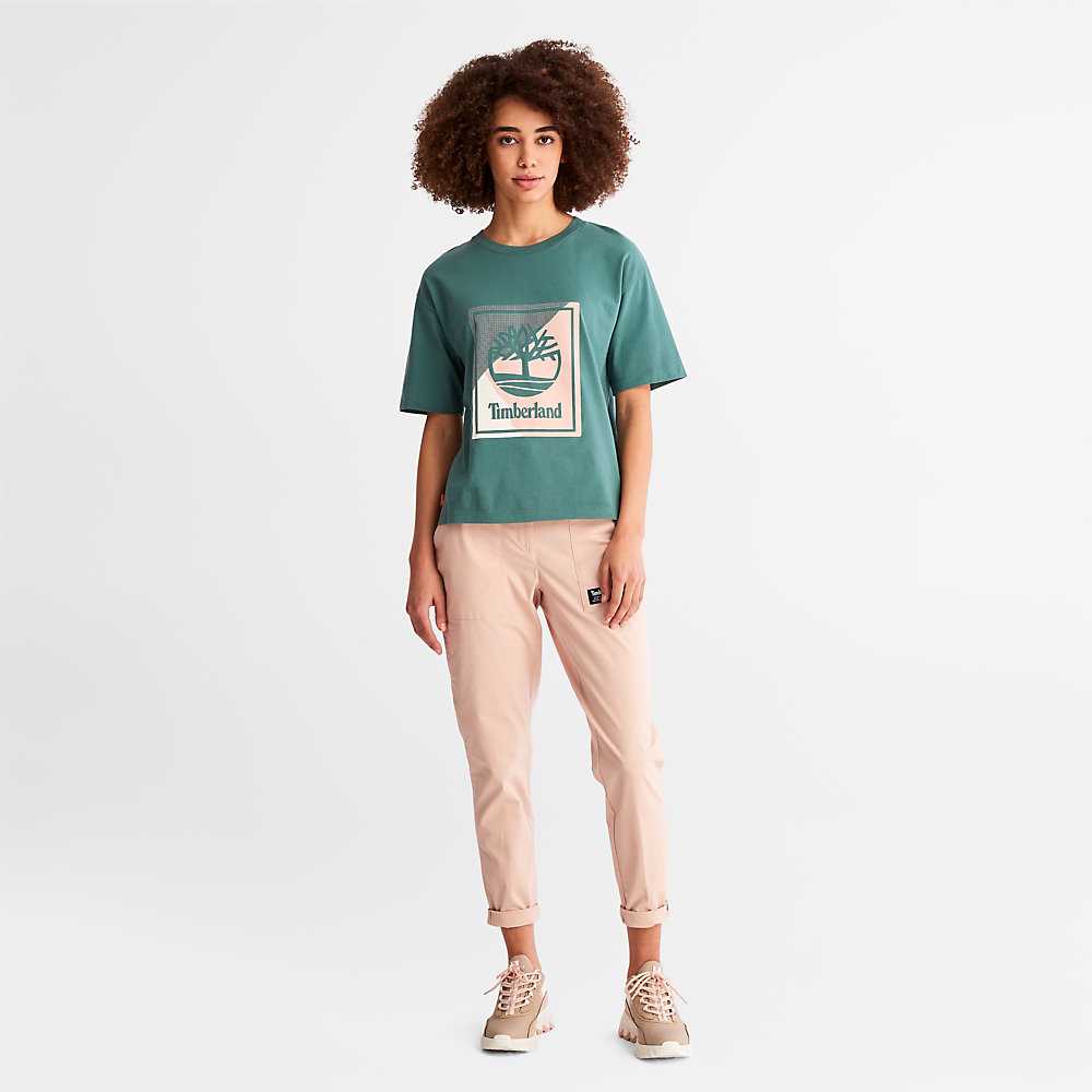 Turquoise Women's Timberland Logo T Shirts | Israel-4896705