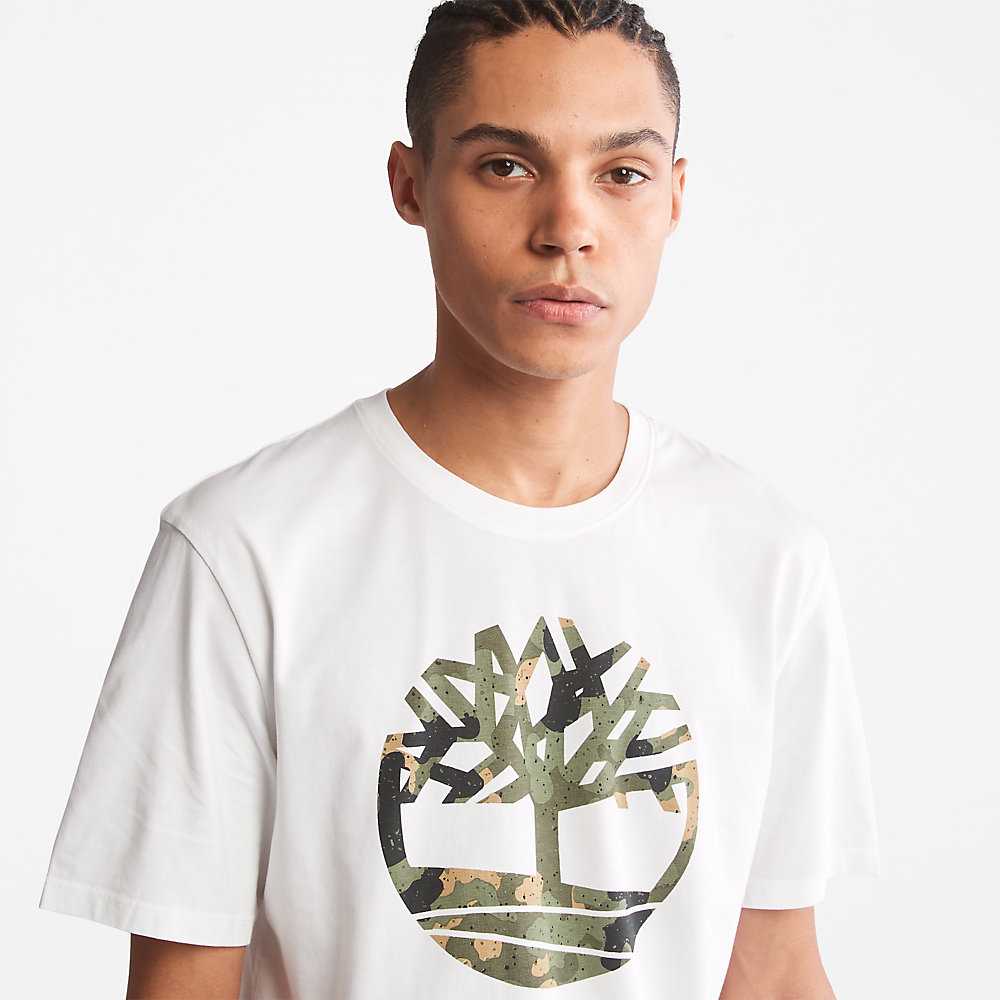 White Men's Timberland Camo-Logo T Shirts | Israel-2831760