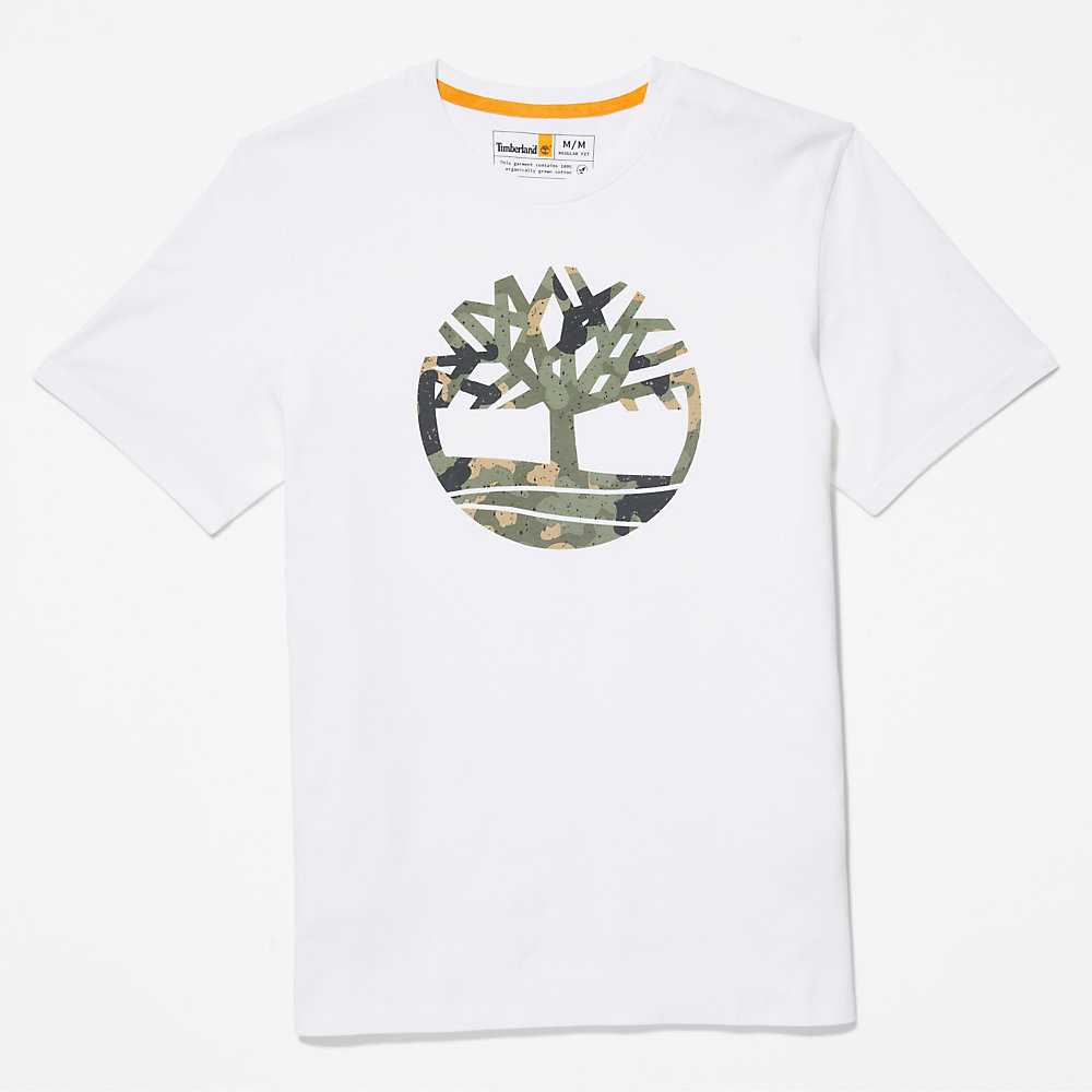 White Men's Timberland Camo-Logo T Shirts | Israel-2831760