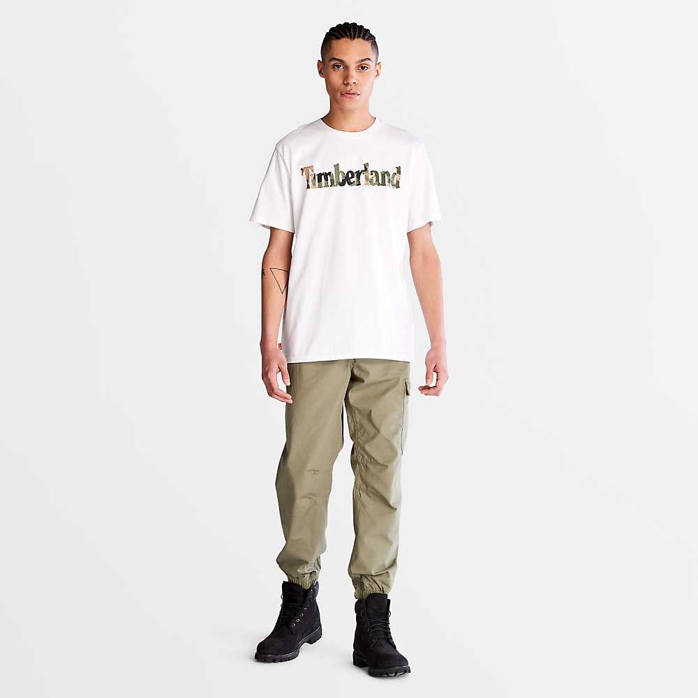 White Men's Timberland Camo-Logo T Shirts | Israel-9341275