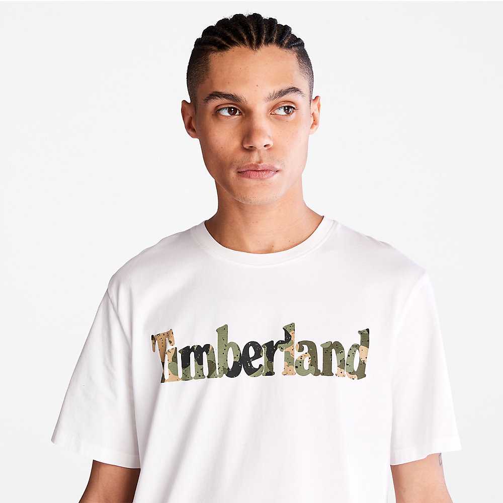 White Men's Timberland Camo-Logo T Shirts | Israel-9341275