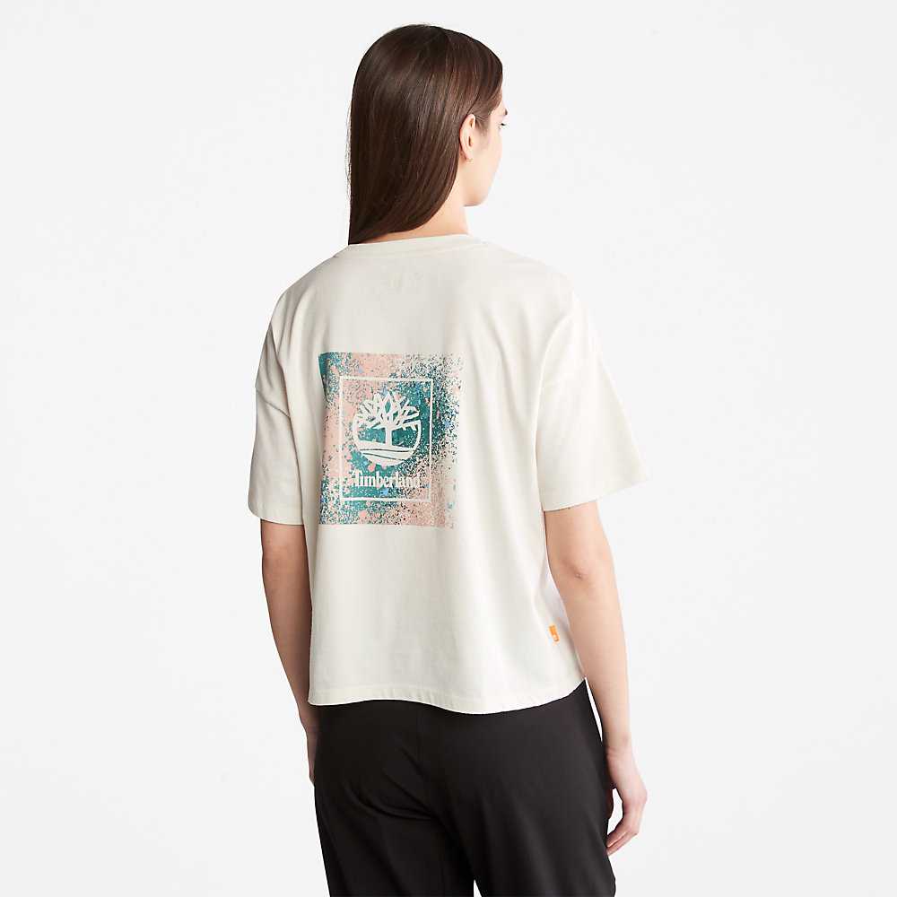 White Women's Timberland Back Graphic Logo T Shirts | Israel-8321564