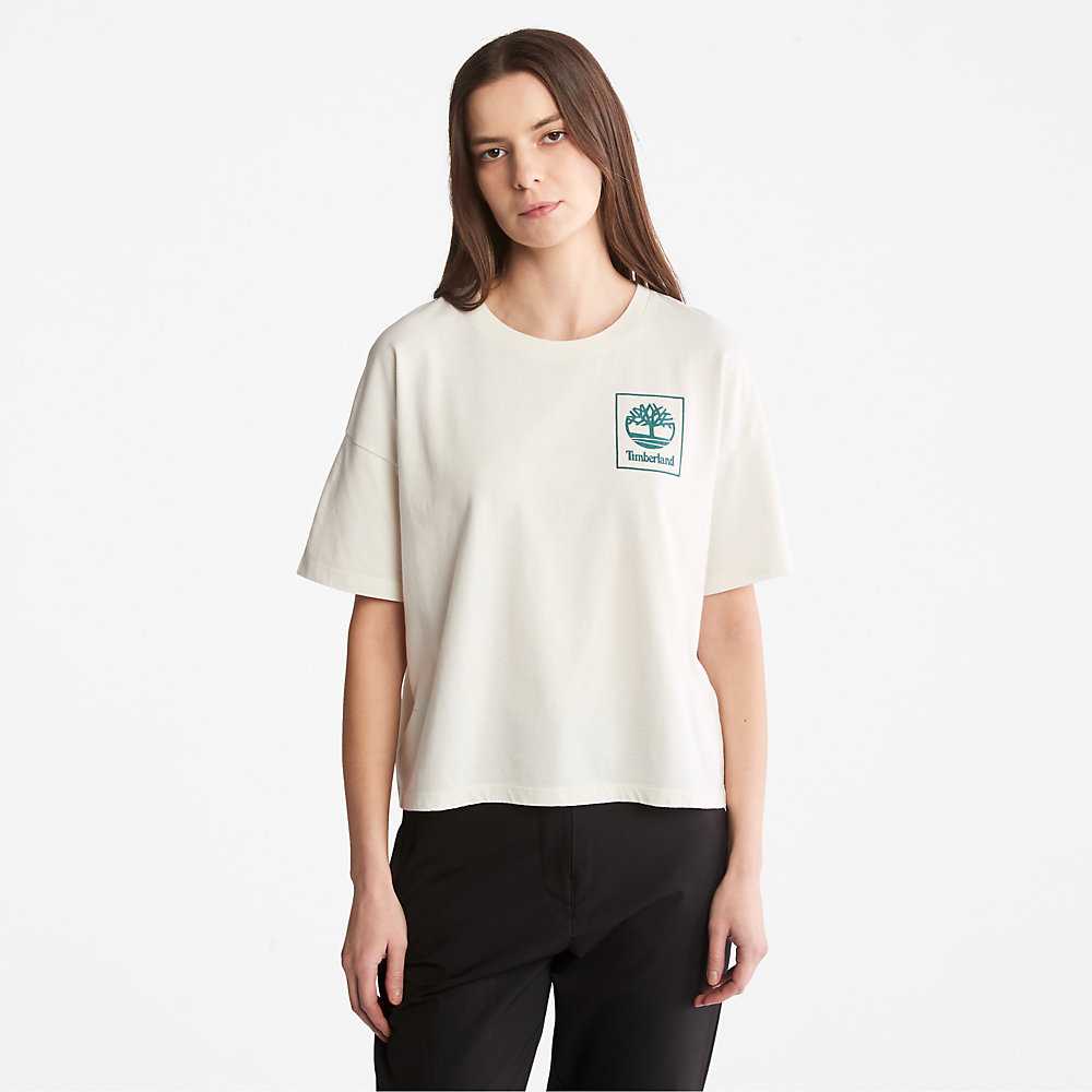 White Women\'s Timberland Back Graphic Logo T Shirts | Israel-8321564