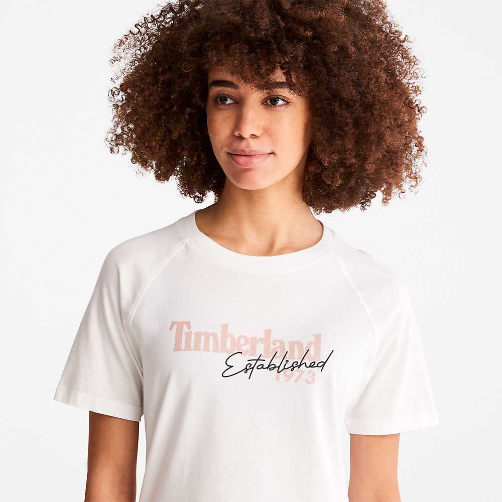 White Women's Timberland Raglan-sleeve Logo T Shirts | Israel-3209845