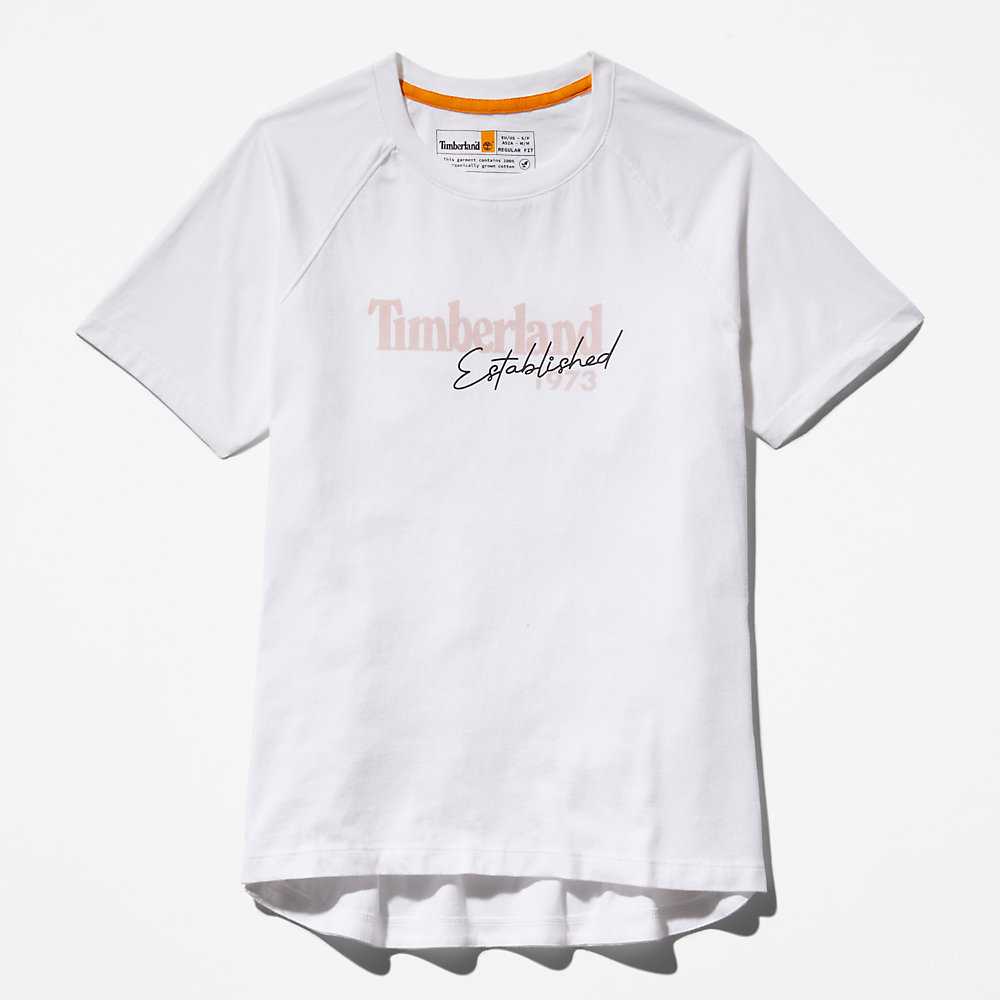 White Women's Timberland Raglan-sleeve Logo T Shirts | Israel-3209845