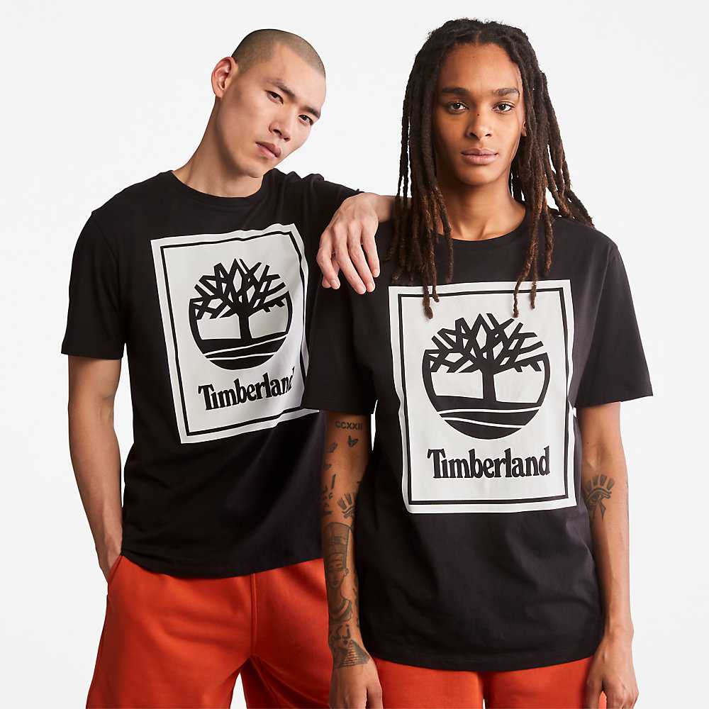 Black/White Men's Timberland Stack Logo T Shirts | Israel-9382574