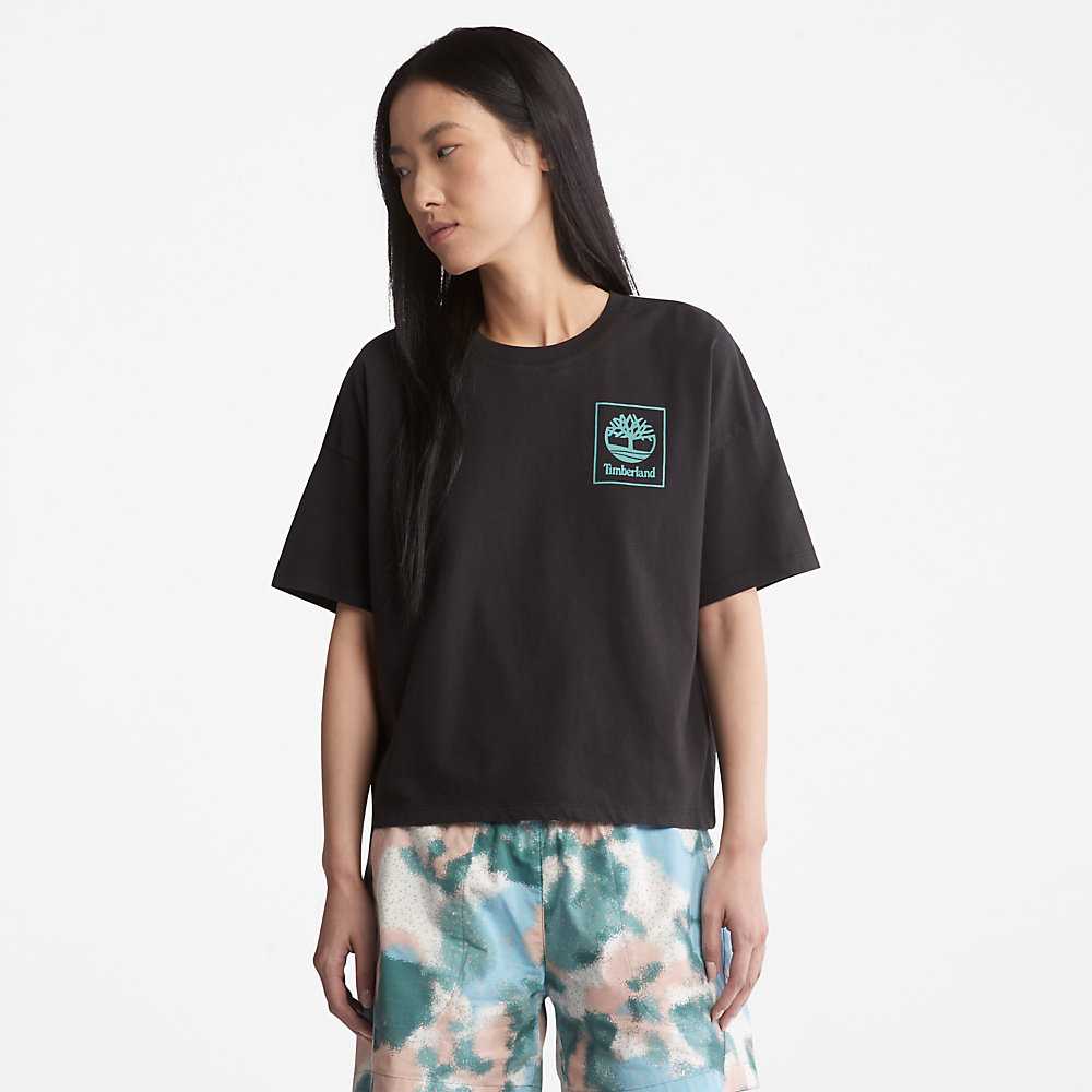 Black Women's Timberland Back Graphic Logo T Shirts | Israel-5603829