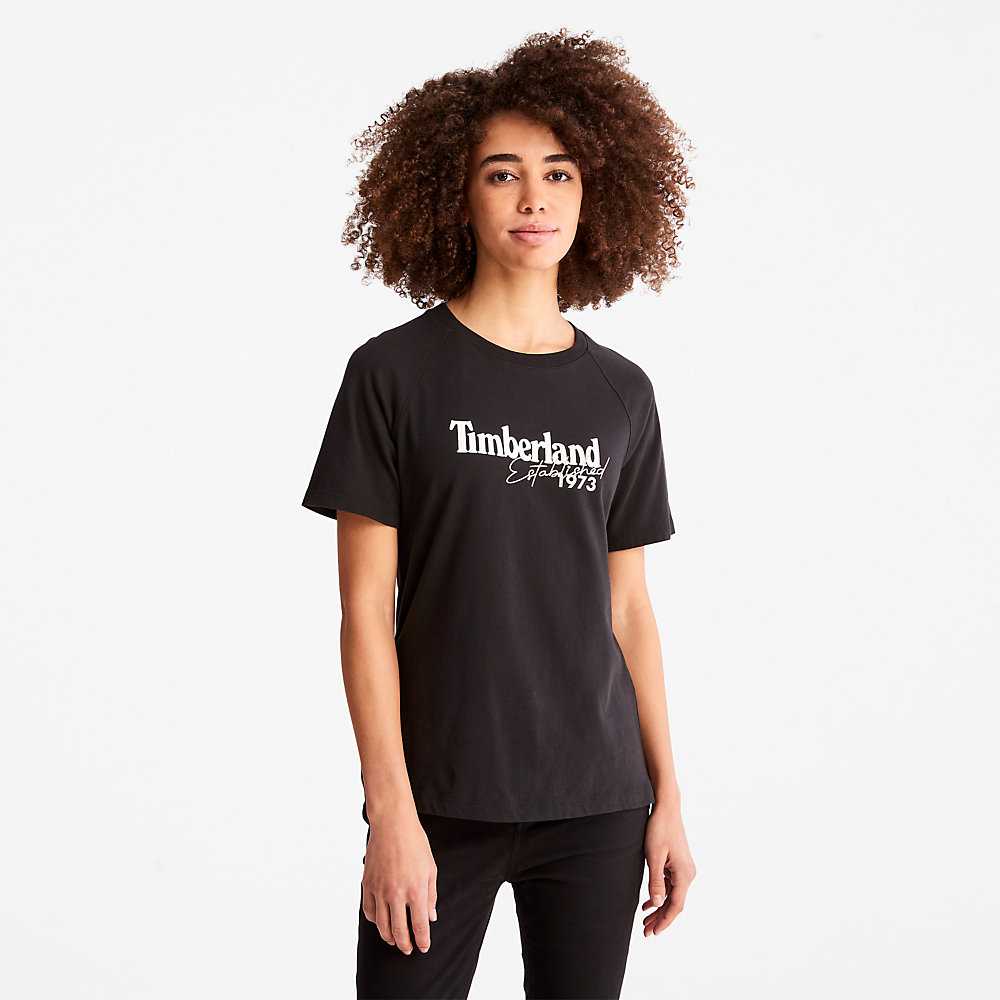 Black Women's Timberland Raglan-sleeve Logo T Shirts | Israel-5182639