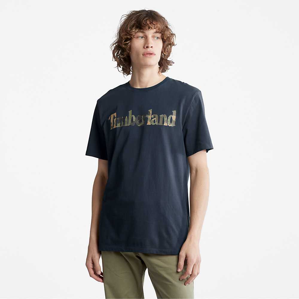 Dark Blue Men's Timberland Camo-Logo T Shirts | Israel-0438561