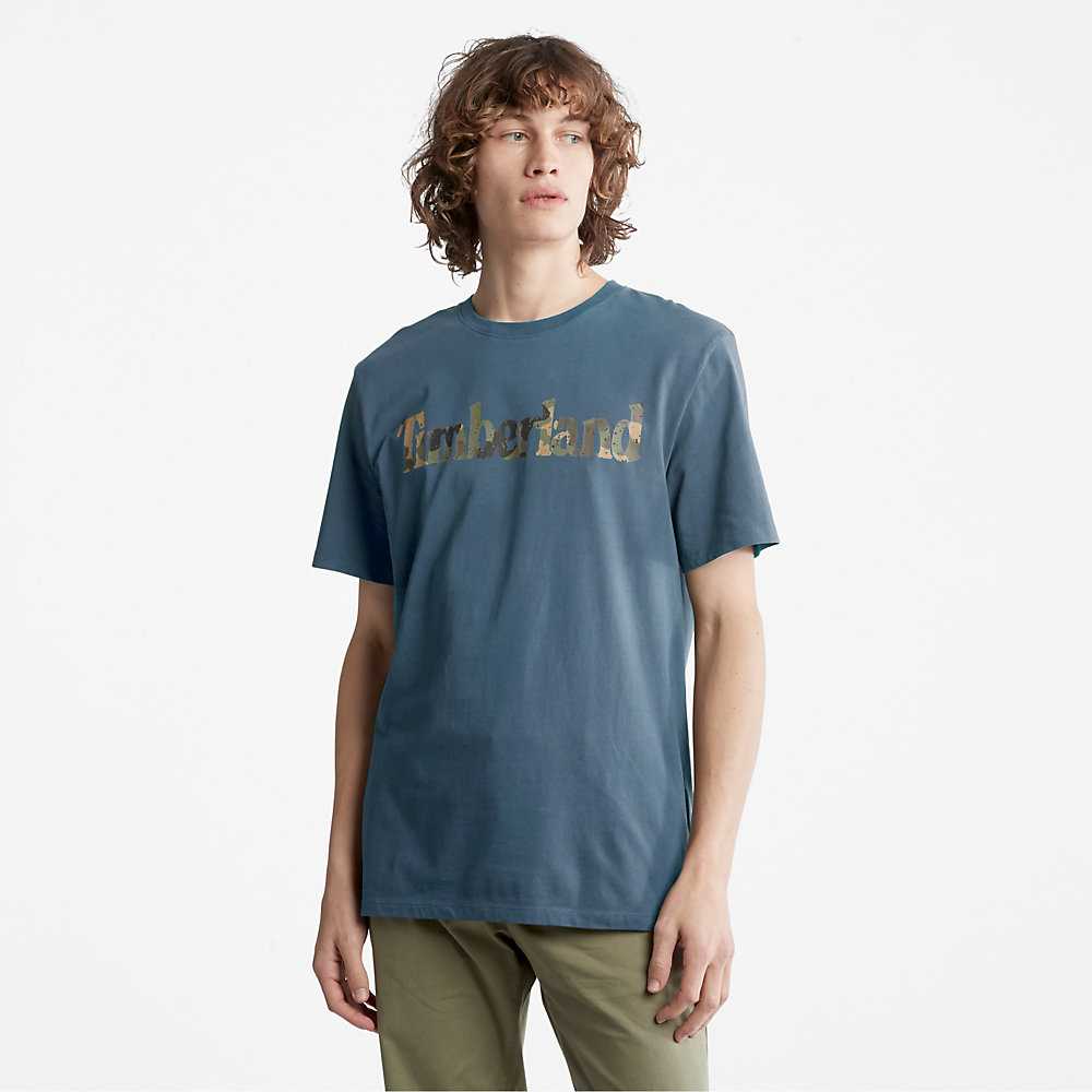 Dark Blue Men's Timberland Camo-Logo T Shirts | Israel-7263954