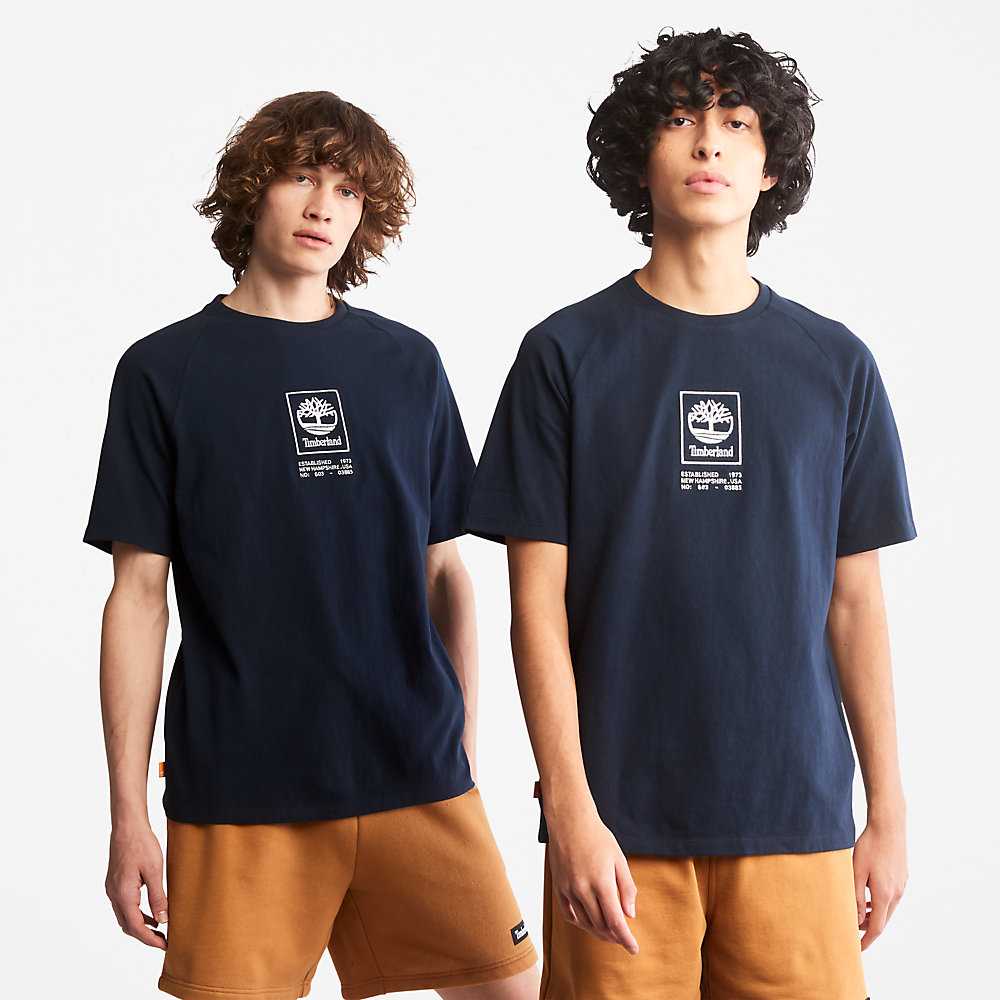 Dark Blue Men's Timberland Stack Logo T Shirts | Israel-5063184