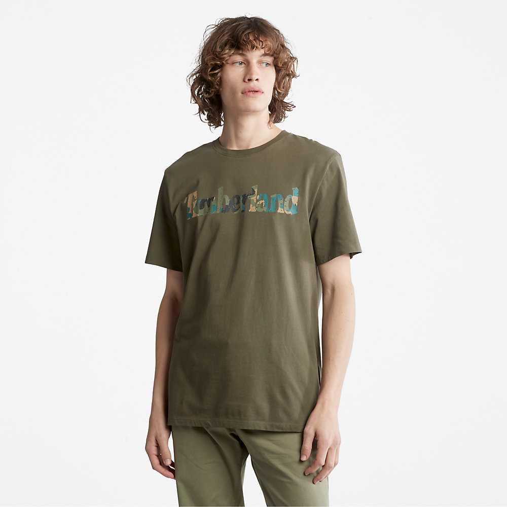 Dark Green Men's Timberland Camo-Logo T Shirts | Israel-7835264