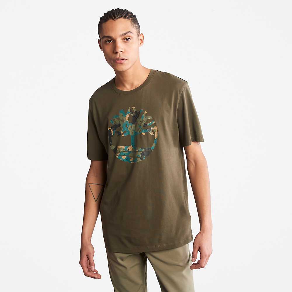 Dark Green Men's Timberland Camo-Logo T Shirts | Israel-8203679