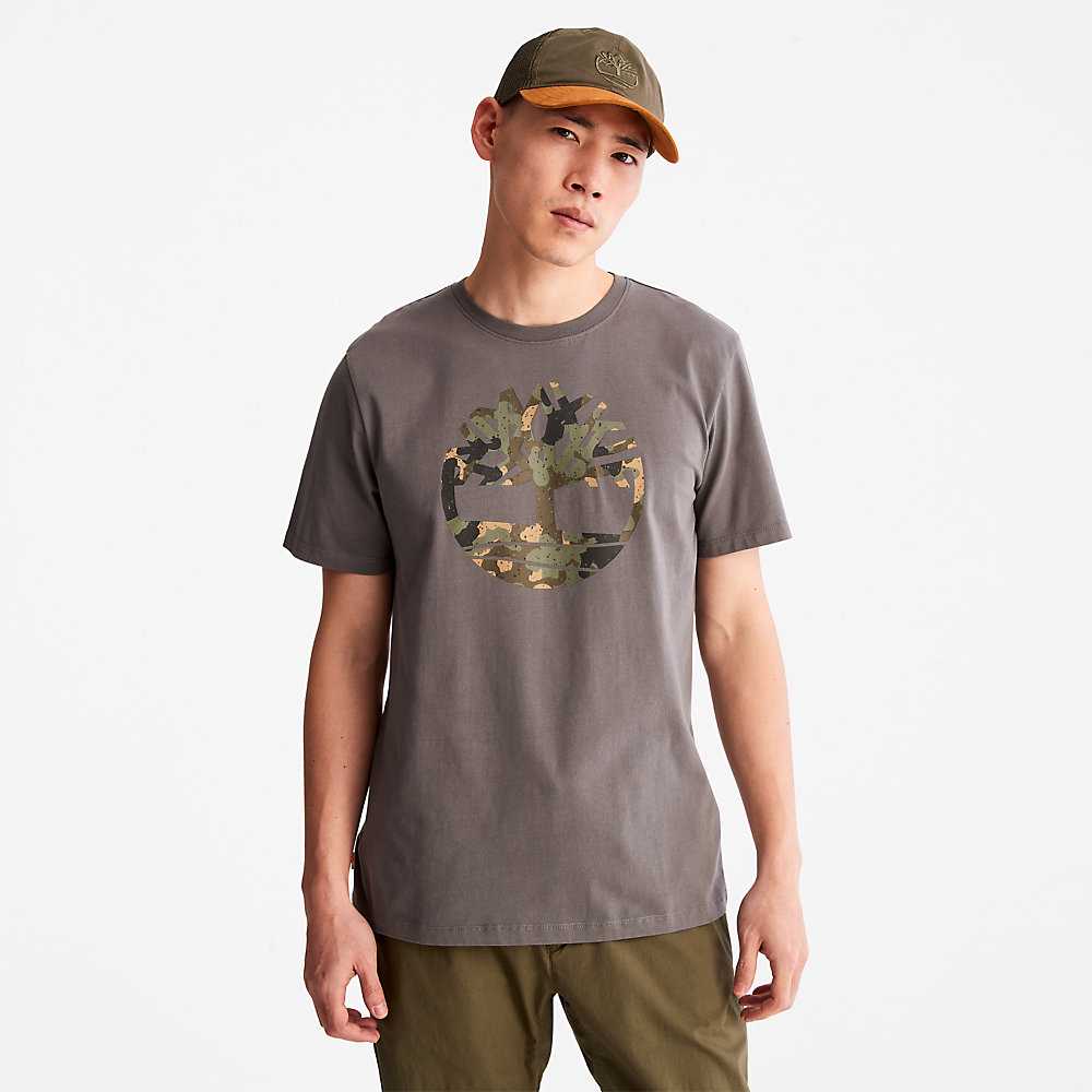 Grey Men's Timberland Camo-Logo T Shirts | Israel-0648735