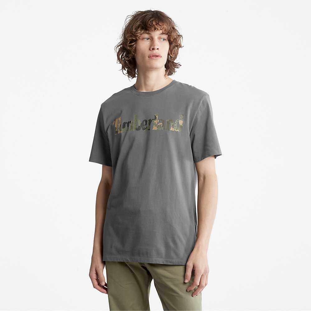 Grey Men's Timberland Camo-Logo T Shirts | Israel-9640138