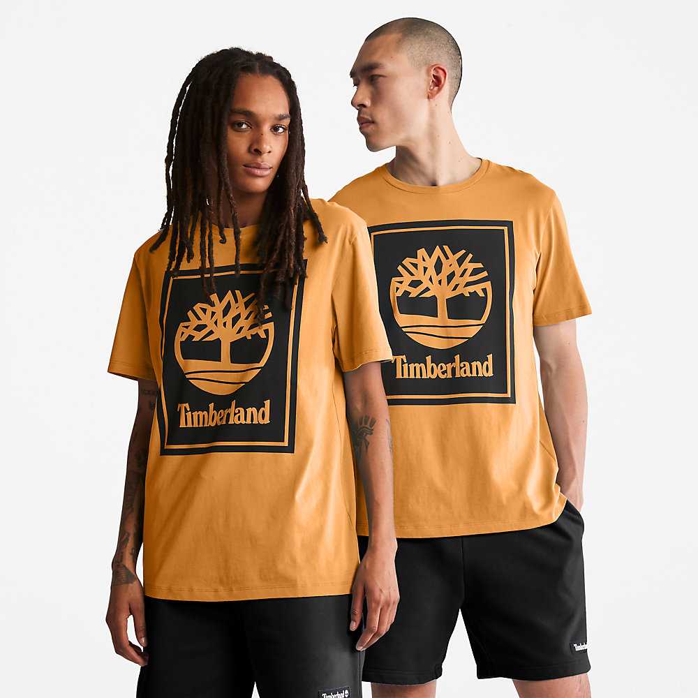 Orange/Black Men's Timberland Stack Logo T Shirts | Israel-1902583