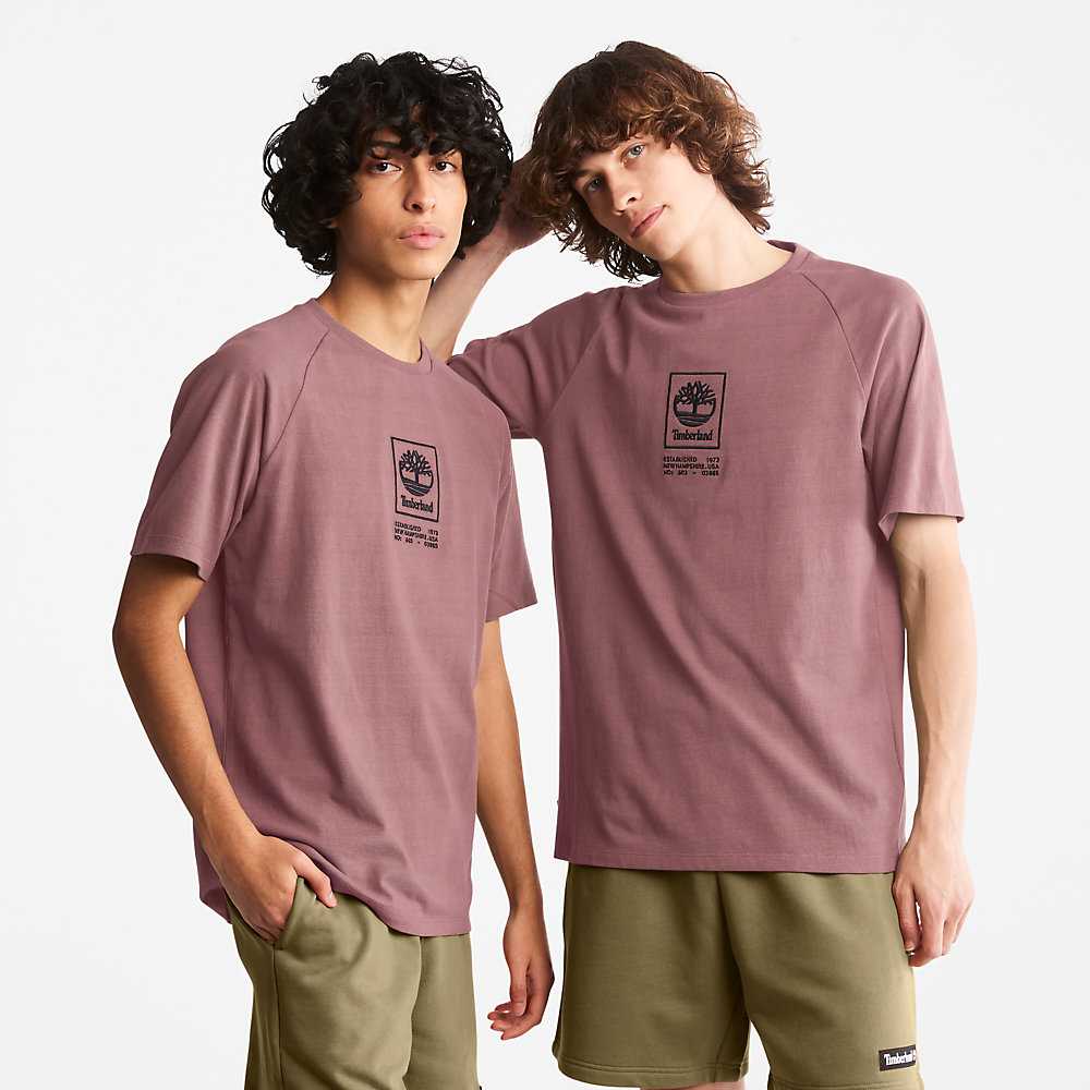 Pink Men's Timberland Stack Logo T Shirts | Israel-4718025