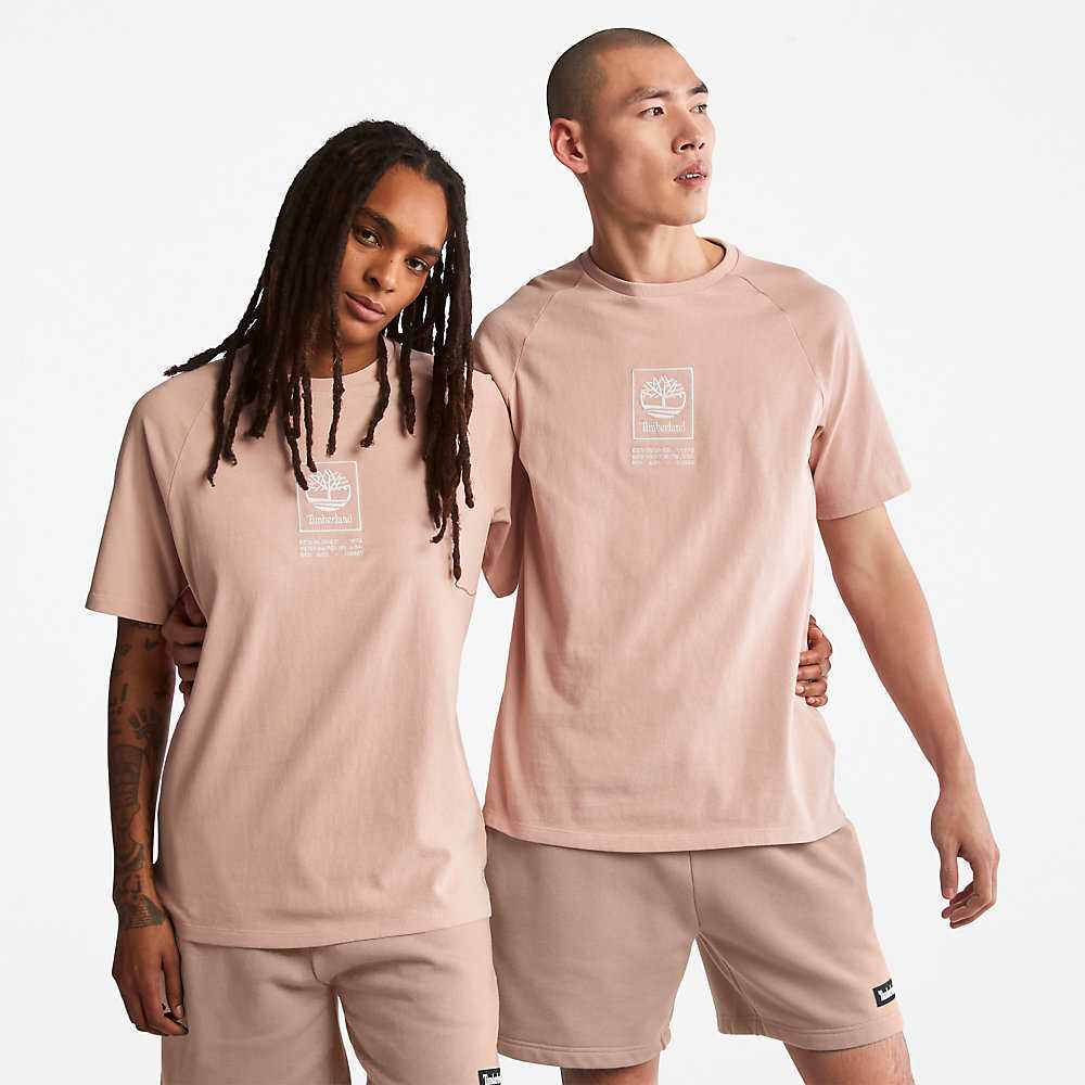 Pink Men's Timberland Stack Logo T Shirts | Israel-8439275