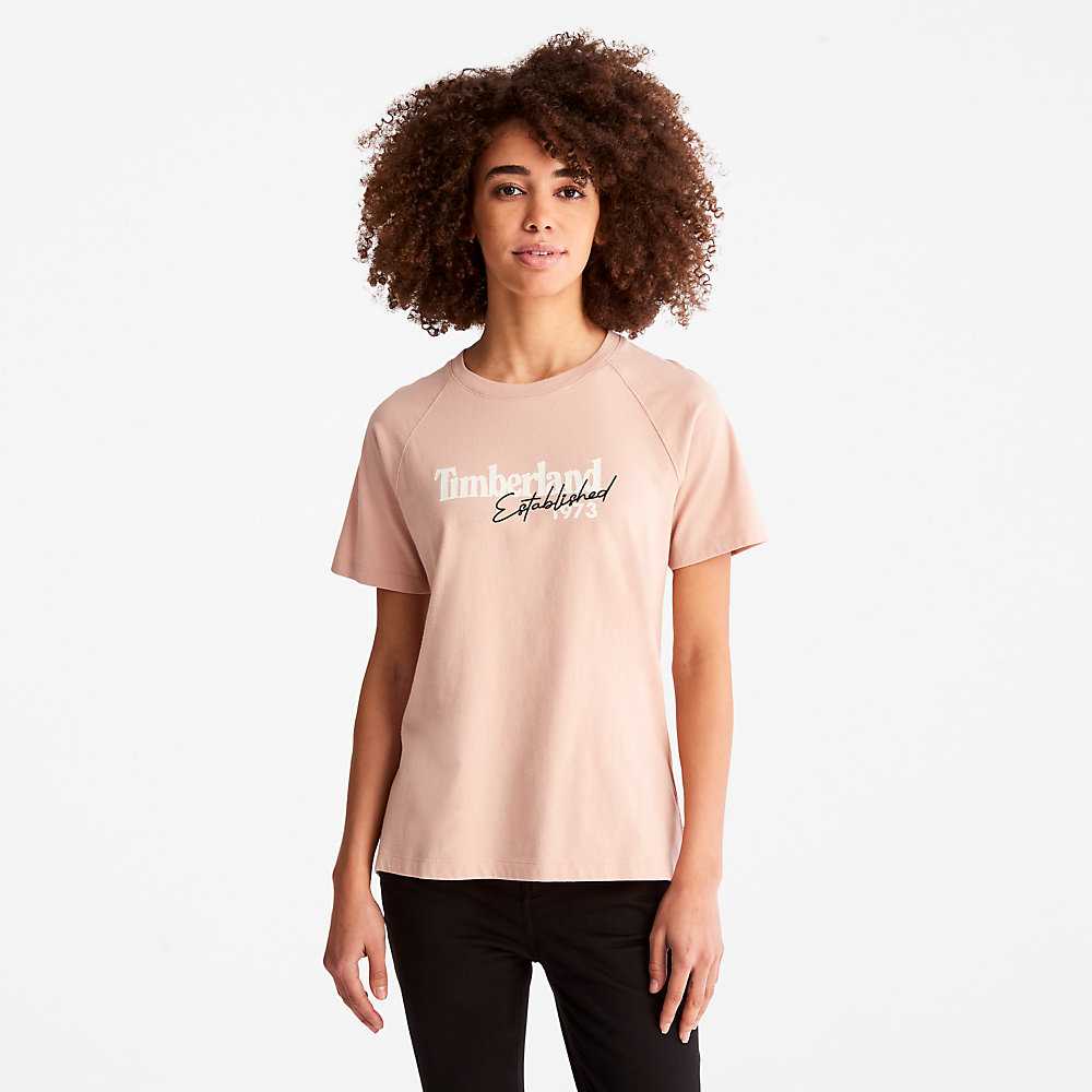 Pink Women's Timberland Raglan-sleeve Logo T Shirts | Israel-7192380