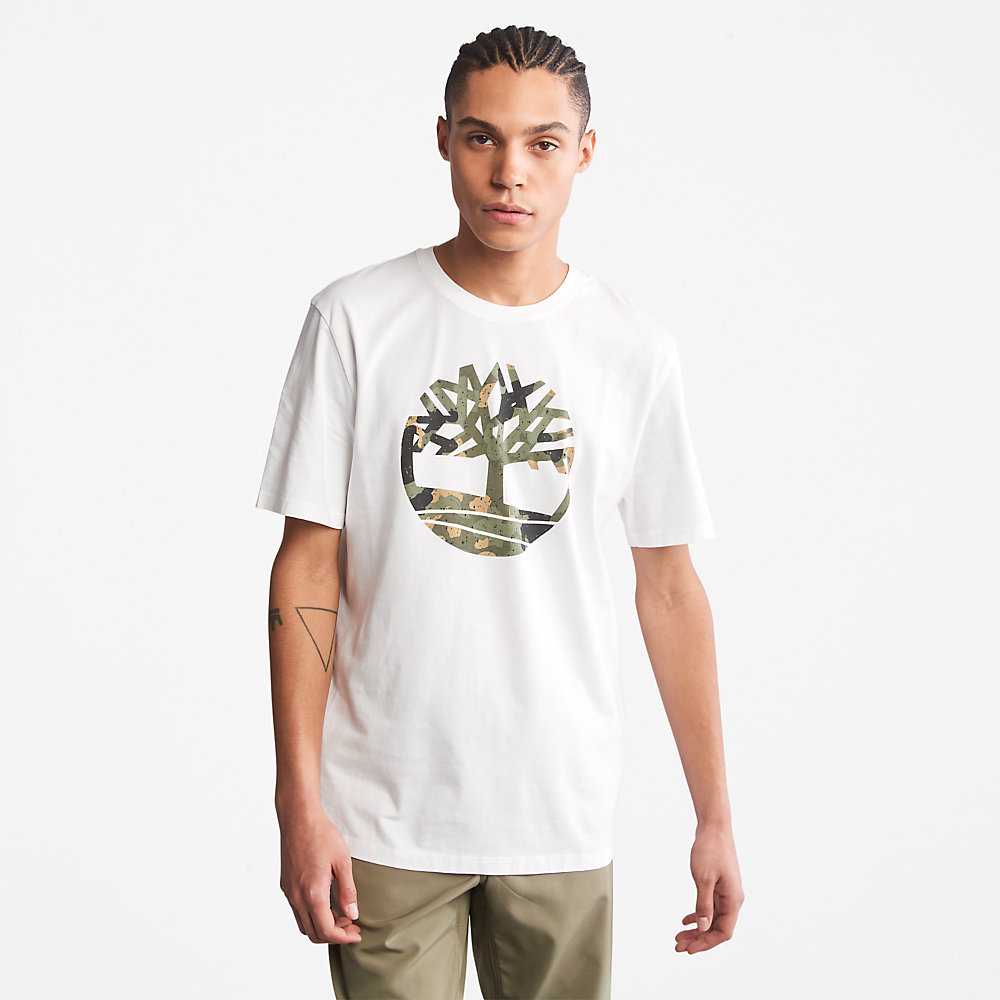 White Men's Timberland Camo-Logo T Shirts | Israel-2831760