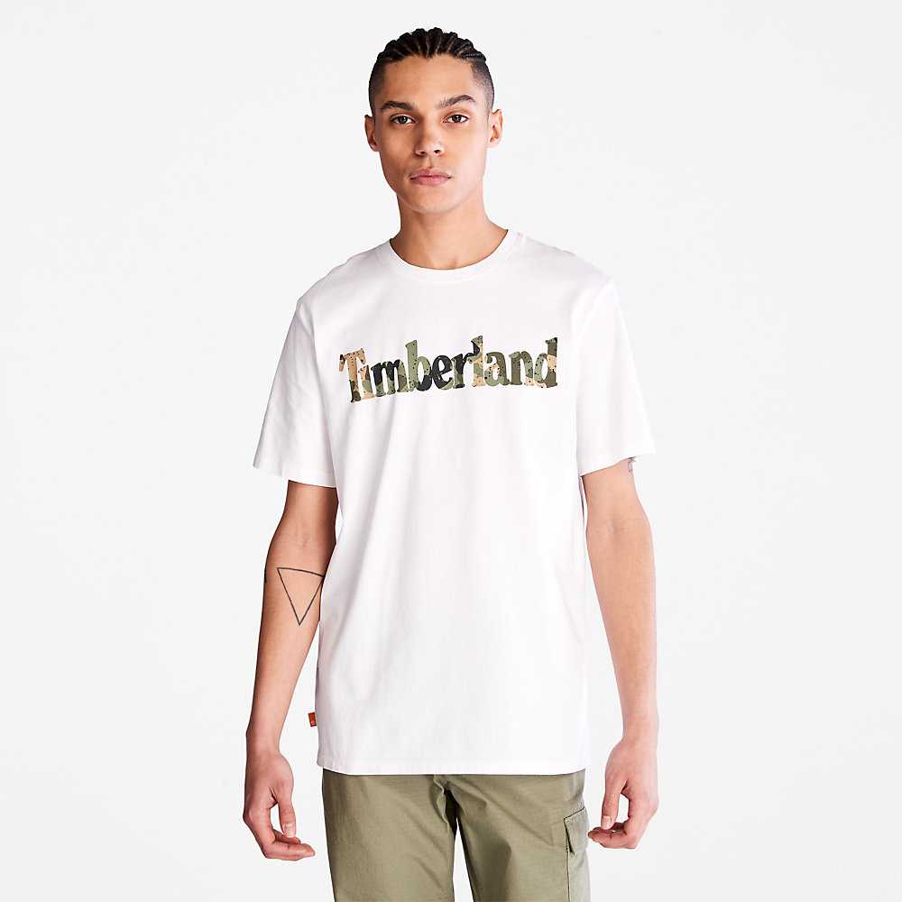 White Men's Timberland Camo-Logo T Shirts | Israel-9341275