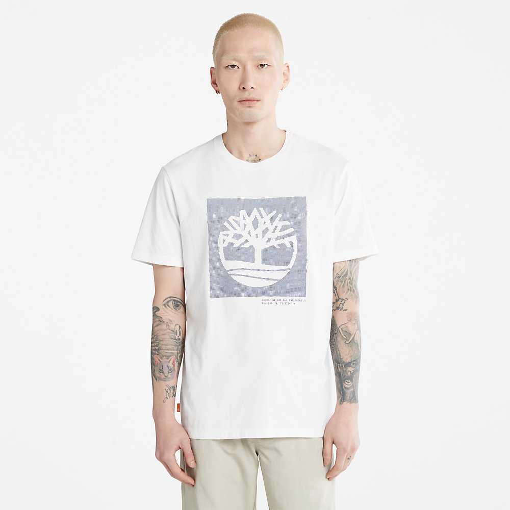 White Men's Timberland Dotted Tree-logo T Shirts | Israel-0346719