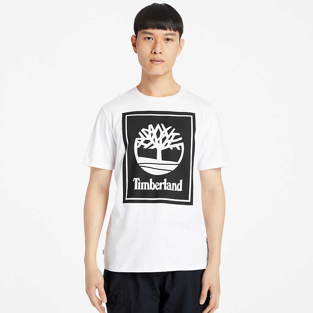 White Men's Timberland Stack Logo T Shirts | Israel-6942801