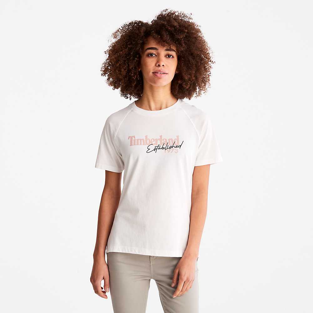 White Women's Timberland Raglan-sleeve Logo T Shirts | Israel-3209845